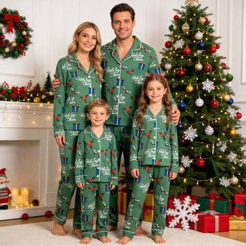 Family Matching Christmas Pajamas Set Two-Piece Long Sleeve Button-Down Sleepwear with Holiday Cheer & Presents Print