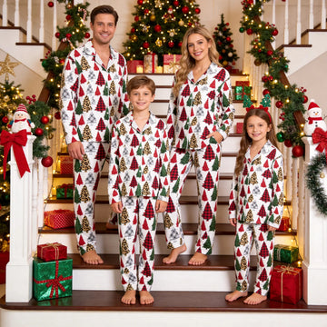 Family Matching Christmas Pajamas Set Two-Piece Long Sleeve Button-Down Sleepwear with Buffalo Plaid & Leopard Christmas Tree Print