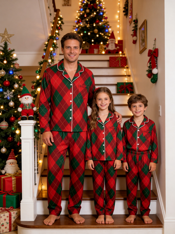 Matching Family Christmas Pajamas - Red & Green Argyle Diamond Plaid Button-Down Sleep Set