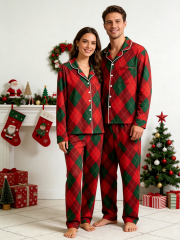 Matching Couple Christmas Pajamas - Red & Green Argyle Diamond Plaid Button-Down Sleep Set