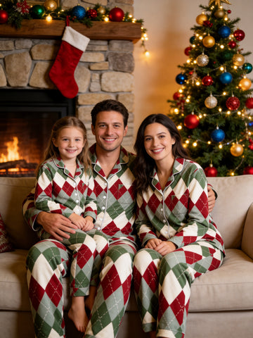 Two-Piece Set Matching Family Christmas Red and Green and White Diamond-Shaped Grid Pajamas Button-Down Long Sleeve PJS Set with Pockets Festive Plaid PJS