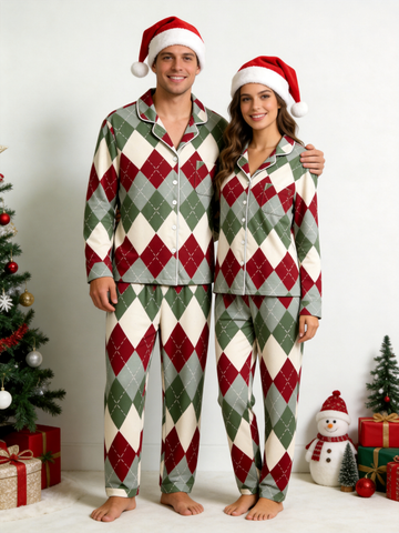 Two-Piece Set Matching Couple Christmas Red and Green and White Diamond-Shaped Grid Pajamas Button-Down Long Sleeve PJS Set with Pockets Festive Plaid Pajamas