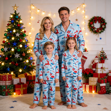 Family Matching Christmas Pajamas Set Two-Piece Long Sleeve Button-Down Sleepwear with Reindeer Snowflakes & Santa Hat Print