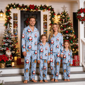 Family Matching Christmas Pajamas Set Two-Piece Long Sleeve Button-Down Sleepwear with Cartoon Santa & Gingerbread Man Print