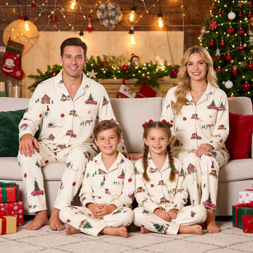Family Matching Christmas Pajamas Set Two-Piece Long Sleeve Button-Down Sleepwear with Christmas Village & Red Car Print