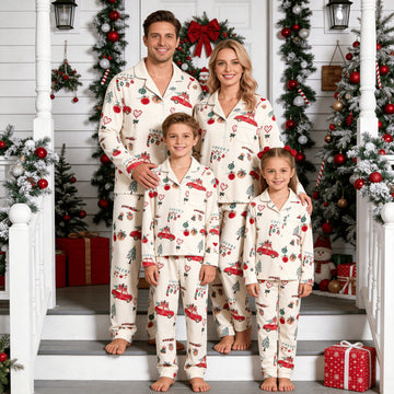 Family Matching Christmas Pajamas Set Two-Piece Long Sleeve Button-Down Sleepwear with Vintage Red Car & Holiday Cheer Print