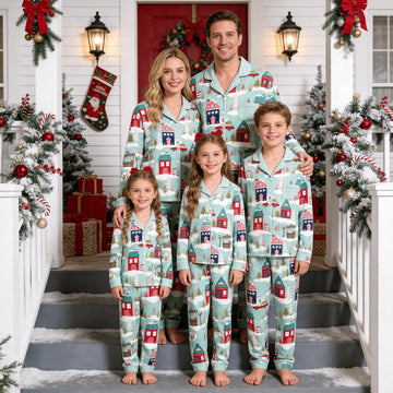 Family Matching Christmas Pajamas Set Two-Piece Long Sleeve Button-Down Sleepwear with Colorful Holiday Village Houses Print