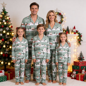 Family Matching Christmas Pajamas Set Two-Piece Long Sleeve Button-Down Sleepwear with Ski Slopes & Cable Car Print