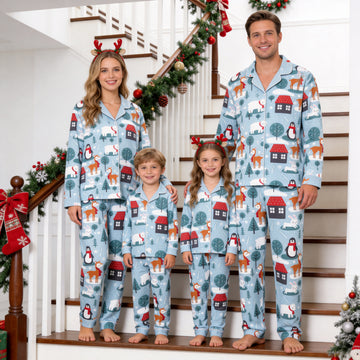 Family Matching Christmas Pajamas Set Two-Piece Long Sleeve Button-Down Sleepwear with Cute Winter Animals & Red House Print