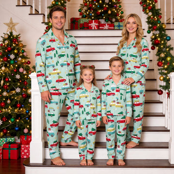 Family Matching Christmas Pajamas Set Two-Piece Long Sleeve Button-Down Sleepwear with Vintage Holiday Cars & Christmas Trees Print