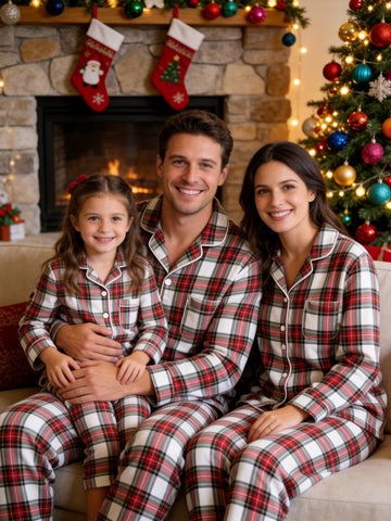 Matching Family Christmas Pajamas - White & Red Tartan Plaid Button-Down Sleepwear