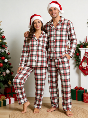 Matching Family Christmas Pajamas - White & Red Tartan Plaid Button-Down Sleepwear