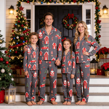 Family Matching Christmas Pajamas Set Two-Piece Long Sleeve Button-Down Sleepwear with Santa Claus & Red Houses Print