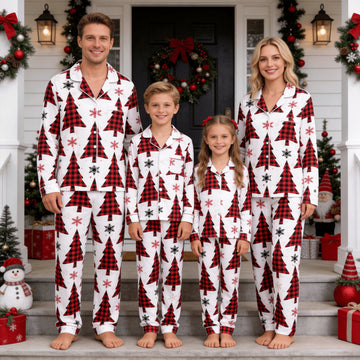 Family Matching Christmas Pajamas Set Two-Piece Long Sleeve Button-Down Sleepwear with Buffalo Plaid Christmas Trees Print