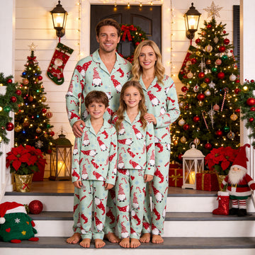 Family Matching Christmas Pajamas Set Two-Piece Long Sleeve Button-Down Sleepwear with Holiday Gnomes & Candy Cane Print
