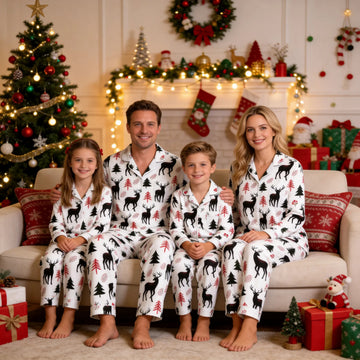 Family Matching Christmas Pajamas Set Two-Piece Long Sleeve Button-Down Sleepwear with Black Reindeer & Pine Forest Print