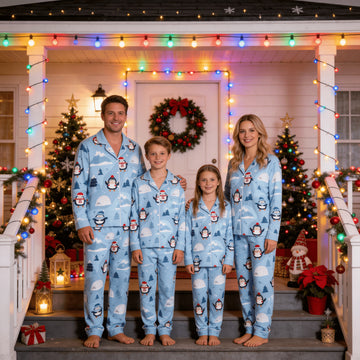 Family Matching Christmas Pajamas Set Two-Piece Long Sleeve Button-Down Sleepwear with Cute Penguins & Winter Igloo Print