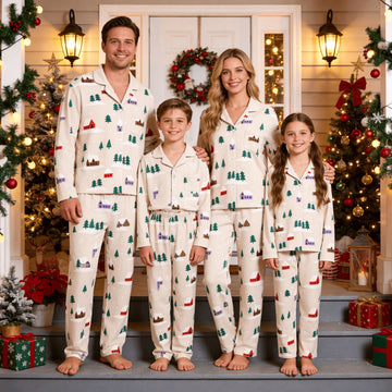 Family Matching Christmas Pajamas Set Two-Piece Long Sleeve Button-Down Sleepwear with Snowy Village & Pine Trees Print
