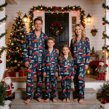 Family Matching Christmas Pajamas Set Two-Piece Long Sleeve Button-Down Sleepwear with Holiday Dogs & Vintage Red Truck Print