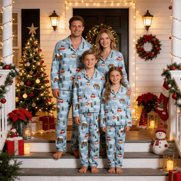 Family Matching Christmas Pajamas Set Two-Piece Long Sleeve Button-Down Sleepwear with Cars Carrying Christmas Trees Print