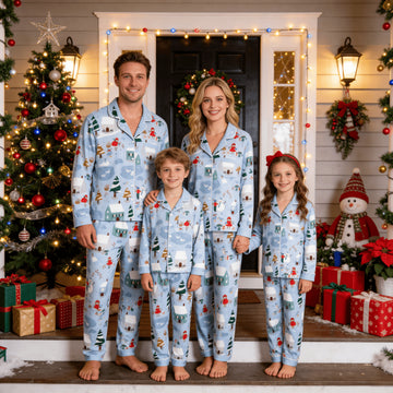 Family Matching Christmas Pajamas Set Two-Piece Long Sleeve Button-Down Sleepwear with Winter Village Snowman & Red Riding Hood Print