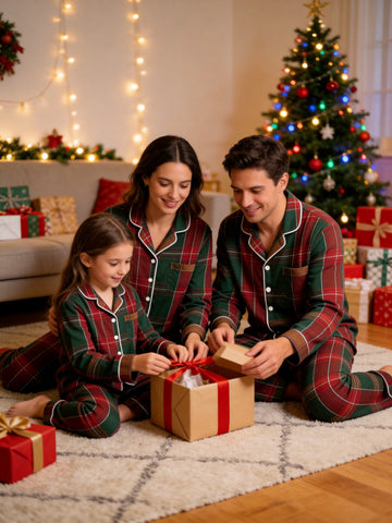 Matching Family Christmas Pajamas - Deep Green & Red Bold Tartan Plaid Button-Down Set