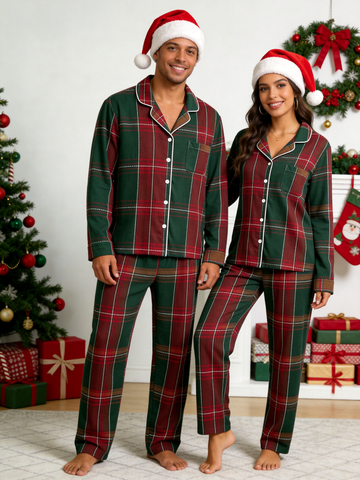 Matching Couple Christmas Pajamas - Deep Green & Red Bold Tartan Plaid Button-Down Set