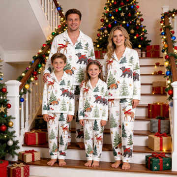 Family Matching Christmas Pajamas Set Two-Piece Long Sleeve Button-Down Sleepwear with Woodland Animals Reindeer Bear & Fox Print
