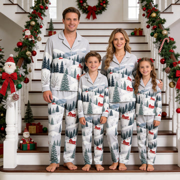 Family Matching Christmas Pajamas Set Two-Piece Long Sleeve Button-Down Sleepwear with Snowy Mountain Village Landscape Print