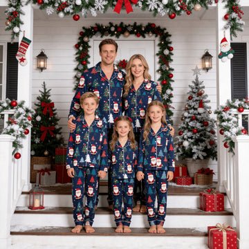 Family Matching Christmas Pajamas Set Two-Piece Long Sleeve Button-Down Sleepwear with Santa Claus & Christmas Trees Print