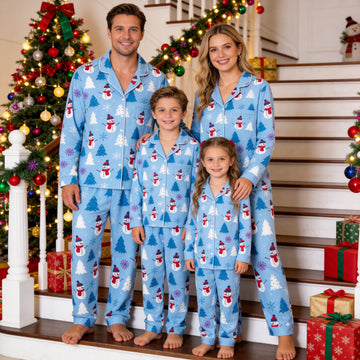 Family Matching Christmas Pajamas Set Two-Piece Long Sleeve Button-Down Sleepwear with Cute Snowmen & Pine Tree Print