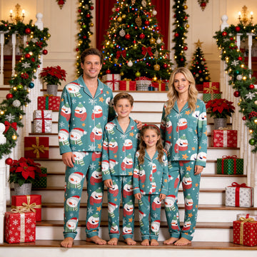 Family Matching Christmas Pajamas Set Two-Piece Long Sleeve Button-Down Sleepwear with Smiling Snowman Faces & Stars Print