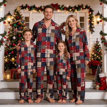 Family Matching Christmas Pajamas Set Two-Piece Long Sleeve Button-Down Sleepwear with Rustic Plaid Patchwork Block Print