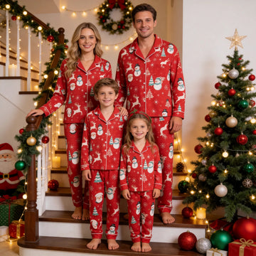 Family Matching Christmas Pajamas Set Two-Piece Long Sleeve Button-Down Sleepwear with Reindeer Snowman & Santa Face Print