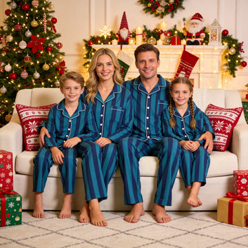 Family Matching Christmas Pajamas Set Two-Piece Long Sleeve Button-Down Sleepwear with Skiers & Evergreen Pine Forest Print