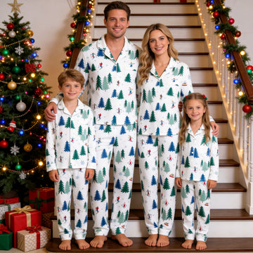 Family Matching Christmas Pajamas Set Two-Piece Long Sleeve Button-Down Sleepwear with Skiers & Evergreen Pine Forest Print