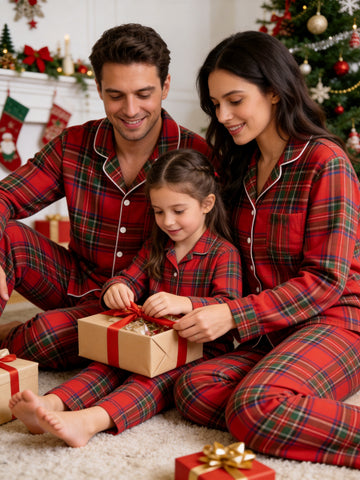 Two-Piece Set Matching Family Christmas Two-Piece Red and Green Plaid PJS Button Up Long Sleeve and Pants with Pockets Family Pajamas