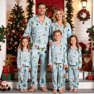 Family Matching Christmas Pajamas Set Two-Piece Long Sleeve Button-Down Sleepwear with Ice Skating Scene & Christmas Trees Print