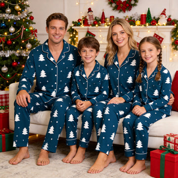 Family Matching Christmas Pajamas Set Two-Piece Long Sleeve Button-Down Sleepwear with White Christmas Tree Silhouette Print