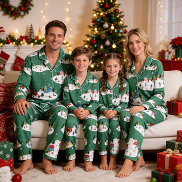 Family Matching Christmas Pajamas Set Two-Piece Long Sleeve Button-Down Sleepwear with Snowy Winter Village & Ice Rink Print