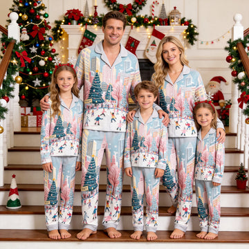 Family Matching Christmas Pajamas Set Two-Piece Long Sleeve Button-Down Sleepwear with City Ice Rink & Skyscrapers Print