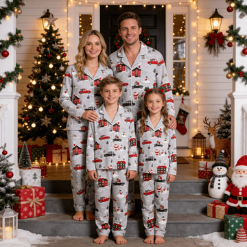 Family Matching Christmas Pajamas Set Two-Piece Long Sleeve Button-Down Sleepwear with Vintage Red Trucks & Snowman Print