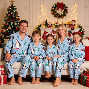 Family Matching Christmas Pajamas Set Two-Piece Long Sleeve Button-Down Sleepwear with Winter Penguins & Pine Forest Print
