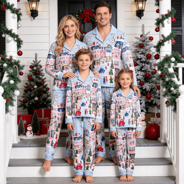 Family Matching Christmas Pajamas Set Two-Piece Long Sleeve Button-Down Sleepwear with Vintage Holiday City Street & Red Cars Print
