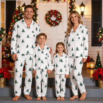 Family Matching Christmas Pajamas Set Two-Piece Long Sleeve Button-Down Sleepwear with Hand-Drawn Evergreen Pine Trees Print