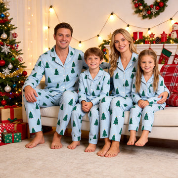 Family Matching Christmas Pajamas Set Two-Piece Long Sleeve Button-Down Sleepwear with Leaping Reindeer & Snowflakes Print