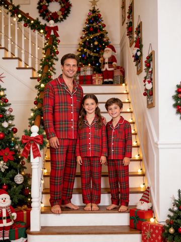 Two-Piece Set Matching Family Christmas Two-Piece Red and Green Plaid PJS Button Up Long Sleeve and Pants with Pockets Family Pajamas