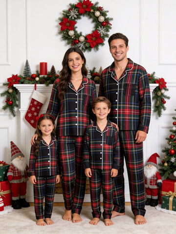 Matching Family Christmas Two-Piece Button-Down Long Sleeve PJS Set with Pockets Classic Red and Blue Plaid Festive Holiday Matching Outfits for Adults Kids