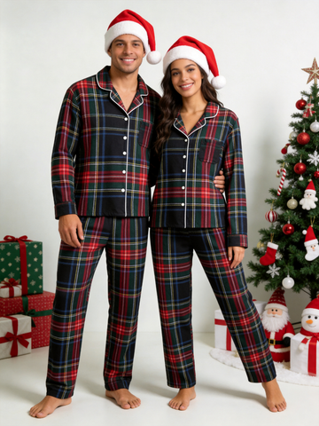 Matching Couple Christmas Two-Piece Button-Down Long Sleeve PJS Set with Pockets Classic Red and Blue Plaid Pajamas