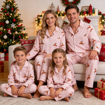 Family Matching Christmas Pajamas Set Two-Piece Long Sleeve Button-Down Sleepwear with Red Farmhouses & Skiers Forest Print
